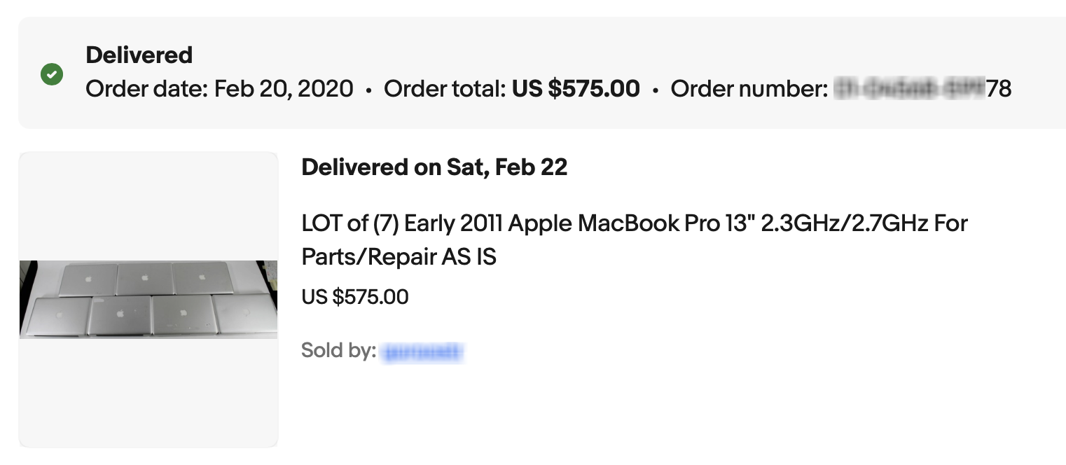 eBay purchase record from February 20, 2020: a lot of seven Early 2011 Apple MacBook Pro 13-inch laptops sold for parts or repair, AS IS, for US $575.00, the first inventory of The Mac Space